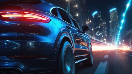 modern shiny blue car on street night city, back side view. car racing on track, leaving neon trail of lights from back.