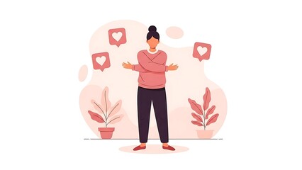 Woman Surrounded by Social Media Likes and Hearts.