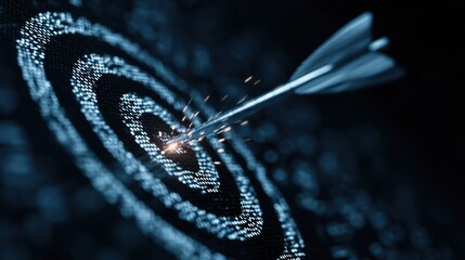 arrow hitting target in the digital realm using data and cyber technologies, highlighting business success. perfect for digital marketing concepts, technological achievements.