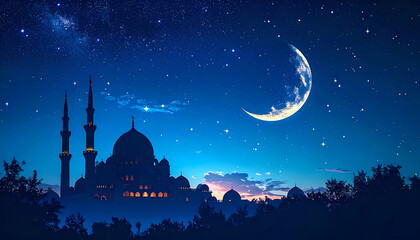 Mosque Silhouette Under Crescent Moon at Night