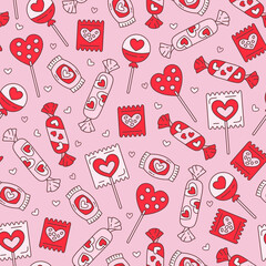 Valentine's day seamless pattern with candies and lollipops