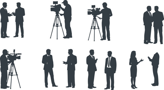 Professional silhouettes of news crew camera operators with tripods and business people in suits conducting media interviews and television broadcasting press conference isolated on white.