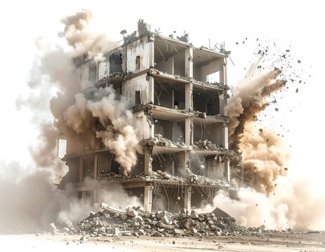 Crumbling, skeletal remains of building as dust and debris erupt outwards