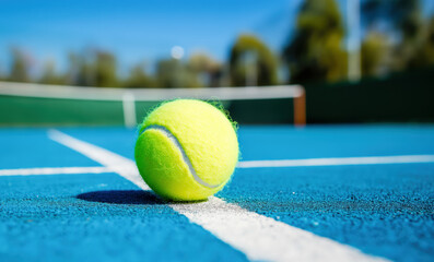 Tennis ball on blue court close up