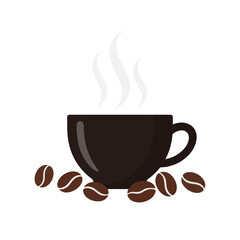 Hot Coffee Cup with Steam and Beans - Flat Design