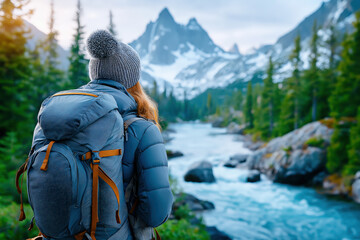 Backpacker walking near mountain river