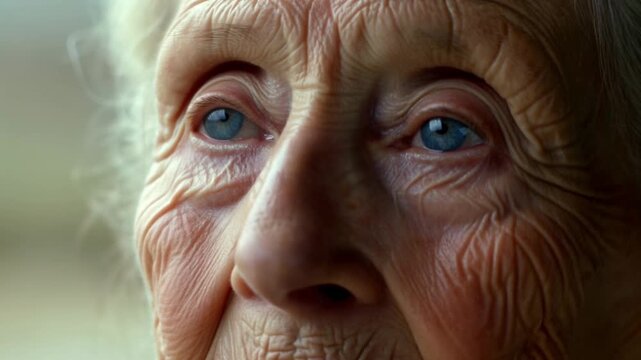 A close-up portrait of an elderly woman, her eyes reflecting wisdom and experience. Her face is etched with the passage of time, showing character and the beauty of aging. Stock Video