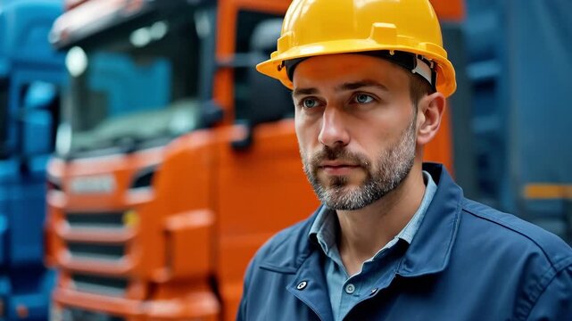 Caucasian man in hard hat looking away from camera while standing in front of parked trucks. Logistics and transportation industry concept.