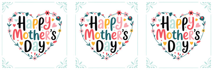 Three heart shaped floral wreaths proclaim Happy Mothers Day in a repeating pattern