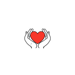 Simple line drawing of hands holding a red heart symbolizing love and care.