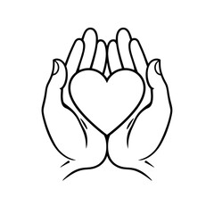 Obraz premium Simple line drawing of hands holding a heart symbol.