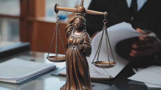 A detailed image of the Lady Justice statue on a desk with papers, highlighting law, justice and legal system Stock Video