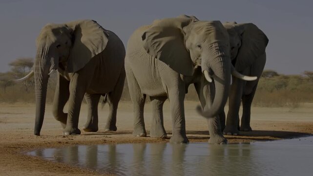 Three elephants standing near water in a natural environment under the sun. The scene depicts their grandeur and majestic nature Stock Video