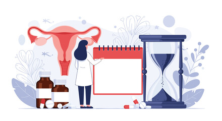 Healthcare professional examines female reproductive health using calendar and hourglass to track biological clock and fertility.
