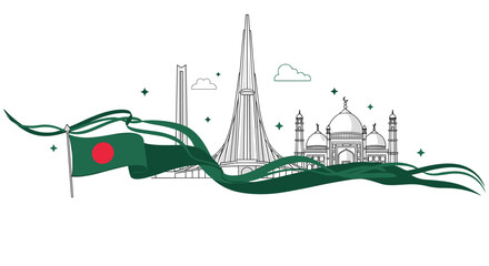 Bangladesh national monument and mosque are showcased with a waving flag for victory day celebration in south asia region.