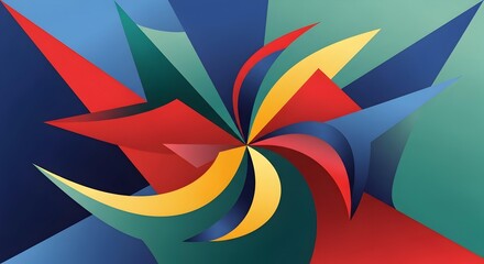 Abstract explosion of vibrant red yellow and blue geometric shapes radiating outwards from a central vortex creating dynamic motion