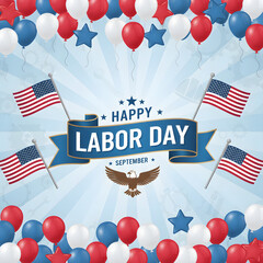 Celebrating Labor Day with balloons, flags, and stars in a festive blue and white background