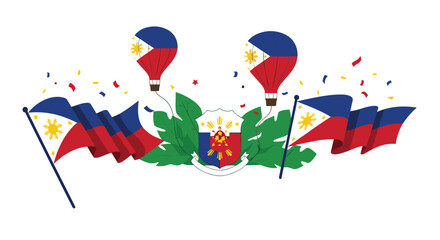 Waving national flags and hot air balloons decorated with sun and stars icons celebrate Philippine Independence Day with joy.
