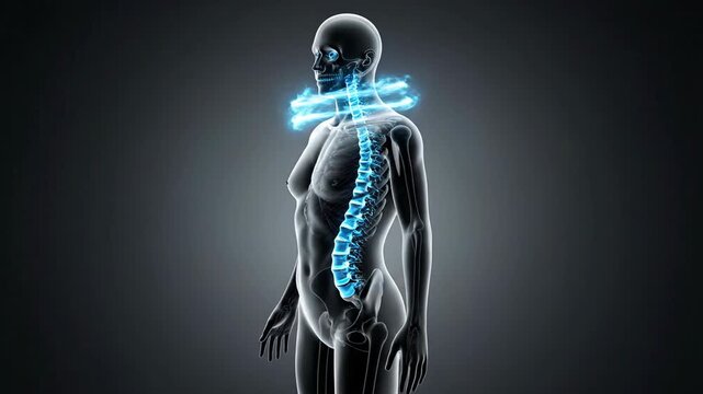 Human skeleton with glowing blue spine and neck vertebrae on dark background