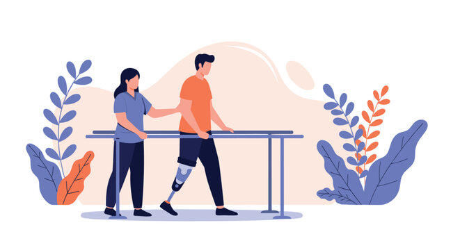 Physical therapist helps man with prosthetic leg practice walking using parallel bars for rehabilitation and recovery.