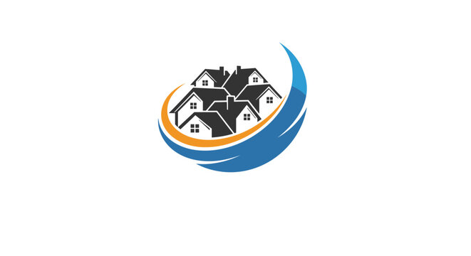 Creative real estate logo combines multiple house silhouettes with dynamic blue and orange swoosh symbols for property growth.