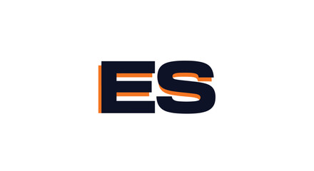 Stylized graphic design of the letters ES uses a bold navy blue font with a vibrant orange shadow for a modern and impactful look.
