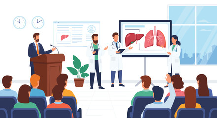 Team of medical professionals conducts a seminar on human anatomy and organ health in front of a seated audience in a lecture hall.