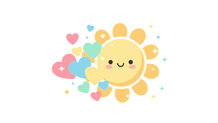 Fototapeta premium Cheerful cartoon sun with colorful hearts in a playful pastel illustration.