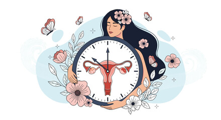 Woman tenderly embraces a large clock featuring a uterus diagram to represent biological clock and reproductive health awareness.