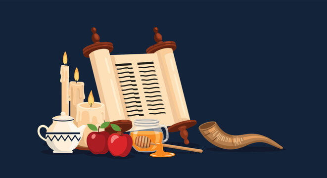 Jewish New Year Rosh Hashanah celebration includes symbolic items like a Torah scroll, honey, apples, lit candles, and a shofar horn.