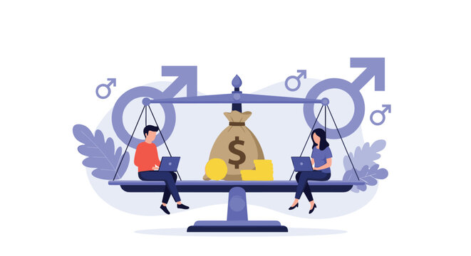 Illustration of gender pay parity features a man and a woman balanced perfectly on a scale with a large bag of money in the center.