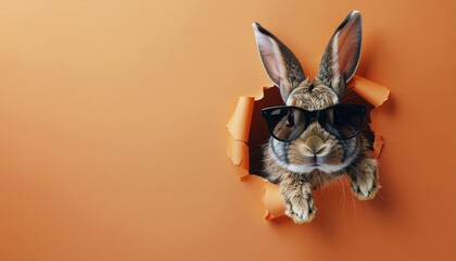 Easter orange background with a bunny wearing sunglasses peeking through a hole in a cardboard wall