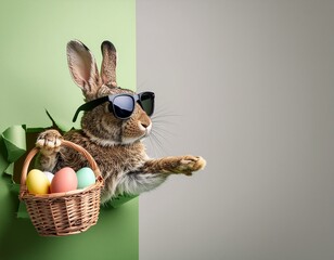 Zając w okularach przeciwsłonecznych trzyma w łapce koszyk z pisankami i wychodzi z dziury w zielono-szarym tle