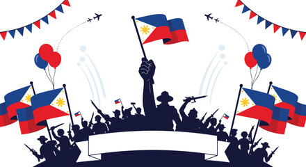 Patriotic illustration celebrating Philippines Independence Day with people holding national flags and military silhouettes.