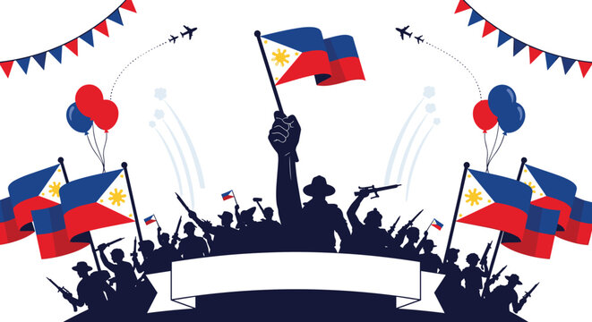 Patriotic illustration celebrating Philippines Independence Day with people holding national flags and military silhouettes. - Powered by Adobe