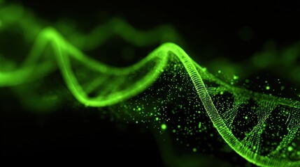 DNA molecules. Genetic biotechnology. Abstract background with green glowing particle swirl lines. Flow wave dot.