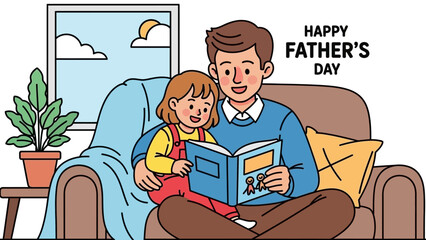 Father and child reading together on a cozy couch with a Happy Father's Day message.