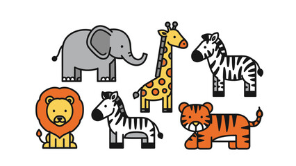 Playful group of cartoon animals featuring elephant, giraffe, and friends in bright scene.