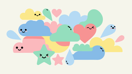 Playful pastel cloud doodles with smiling faces and hearts in a cheerful abstract scene.