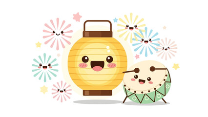Cheerful lantern and drum scene at a colorful festival night celebration.