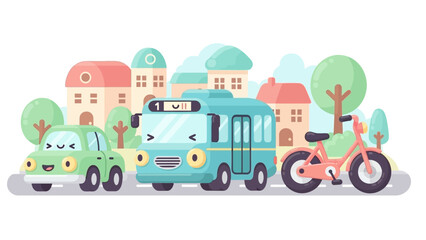 Colorful cartoon city street with buses, cars, and scooter in playful traffic scene.