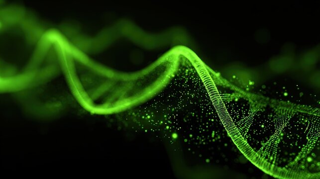 DNA molecules. Genetic biotechnology. Abstract background with green glowing particle swirl lines. Flow wave dot. - Powered by Adobe