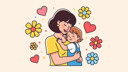 Tender mother and child embrace in a warm cartoon illustration of love and family.