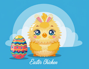 Wielkanocny kurczak z pisanką na niebieskim tle. Wielkanocna ilustracja