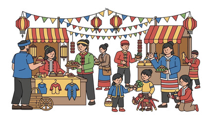 Busy outdoor market festival with colorful stalls, shoppers, and food stands.