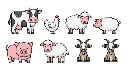 Pastoral farm animals including cows pigs sheep goats chickens and more in a cheerful illustration.