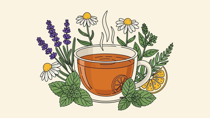 Herbal tea cup surrounded by lavender, daisies, and mint in a cozy countryside setting.