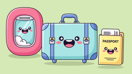 Playful Cartoon Travel Set of Backpack, Suitcase, and Passport Characters Ready for Adventure.