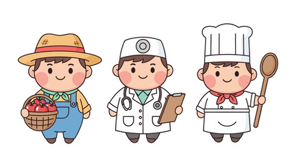 Three Friendly Cartoon People: a farmer, a doctor, and a chef in colorful outfits.