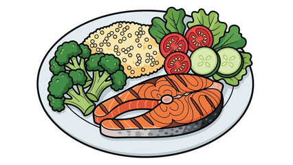 Balanced Plate Featuring Salmon, Rice, and Fresh Vegetables on a Colorful Platter.